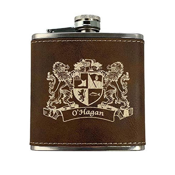 O'Hagan Irish Coat of Arms Leather Flask - Rustic Brown