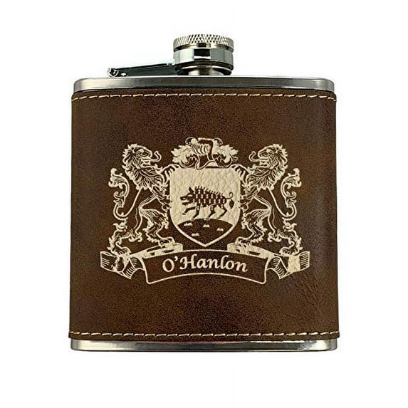 O'Hanlon Irish Coat of Arms Leather Flask - Rustic Brown