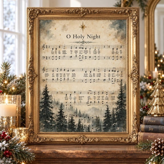 O Holy Night Christmas Nativity Wall Art Print, Christian Sheet Music And Traditional Holiday Decor