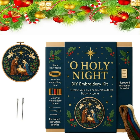 O Holy Night DIY Embroidery Kit, 2025 New Adult Nativity Scene Embroidery Kit, DIY Religious Christmas Cross-Stitch Ornaments, Christmas Handmade Cross-Stitch Gifts for Beginners