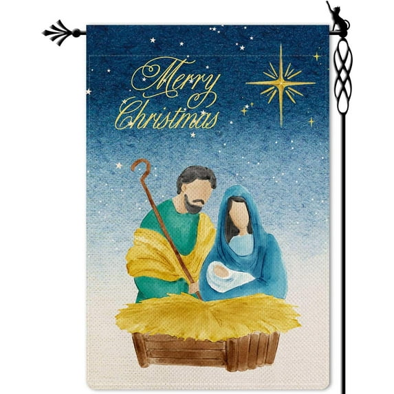 O Holy Night Garden Flag Merry Christmas Garden Flag Xmas Nativity Night Winter Festive Holiday Vertical Double Sided Rustic Farmland Burlap Yard Lawn Outdoor Decor 12.5x18"