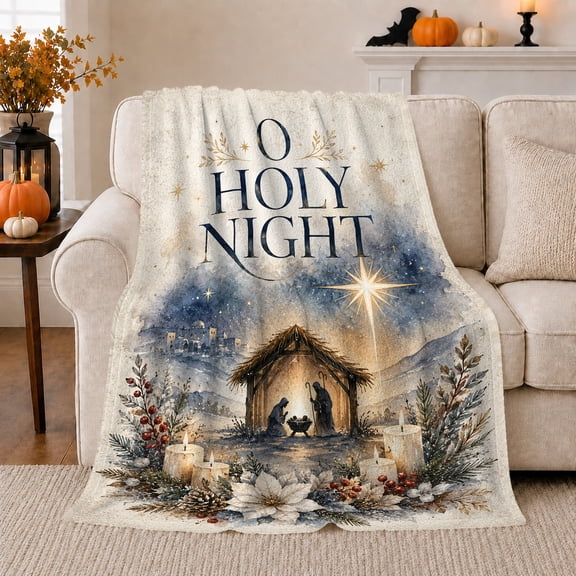 O Holy Night Nativity Scene Watercolor Peaceful Christmas, Festive Nativity Scene, Warm Flannel Blanket for Living Room and Family Room, Art Lovers Christmas Gift, Festive Home Decor