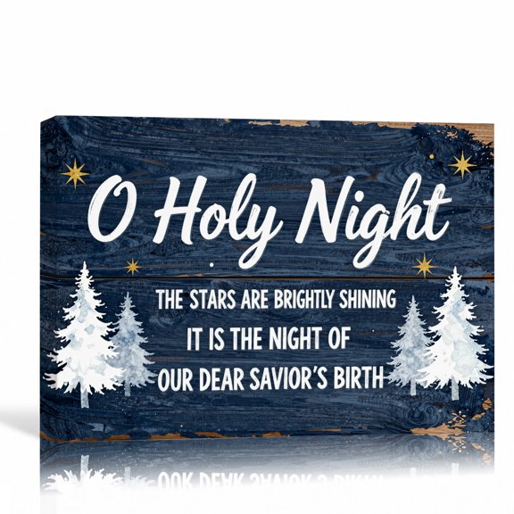 O Holy Night Religious Canvas Decor, Christmas Hymn Typography Snowy Pine Wall Art, Faith Holiday Picture, 36L x 24W