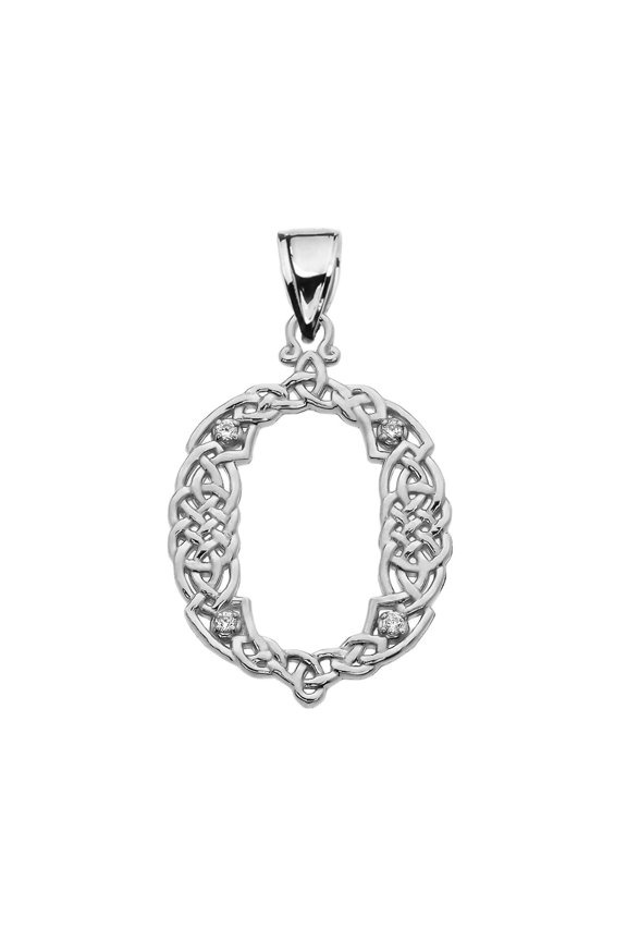O INITIAL IN CELTIC KNOT PATTERN WHITE GOLD PENDANT NECKLACE WITH DIAMOND :  14K  Pendant only