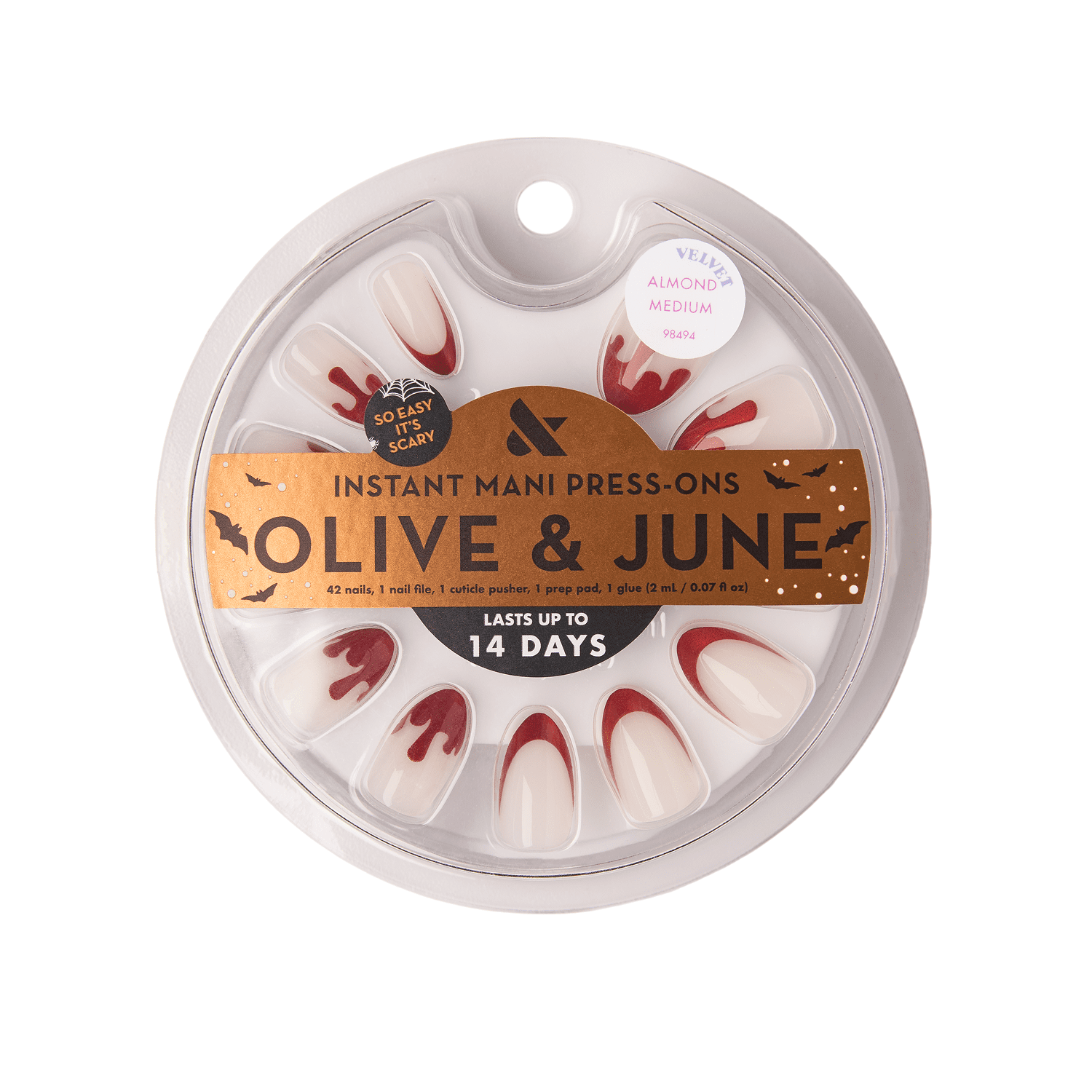 Olive & June Instant Mani Medium Almond Press-on Nails, Vampire Velvet French, 42 Pieces