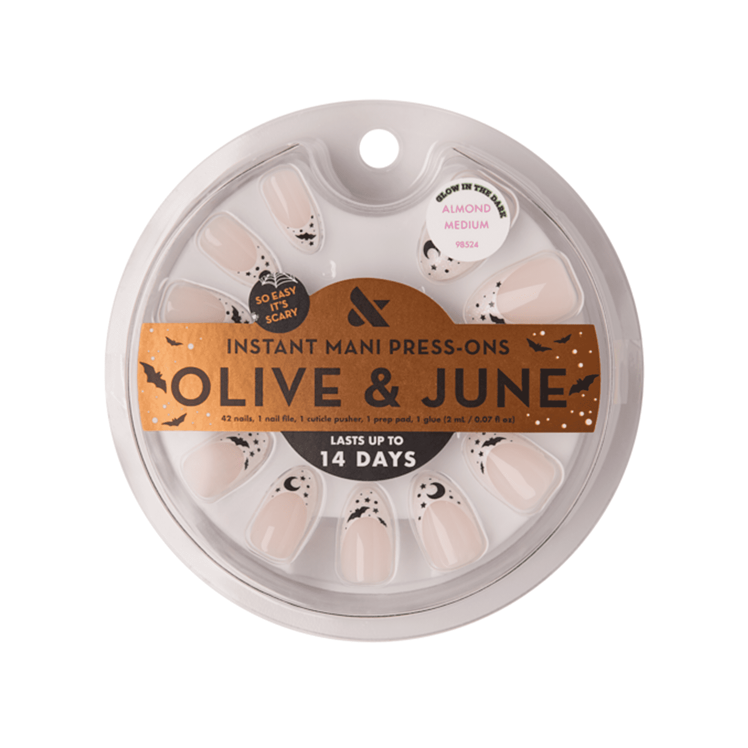 Olive & June Instant Mani Glow in the Dark Medium Almond Press-On Nails, Witching Hour French, 42 Pieces