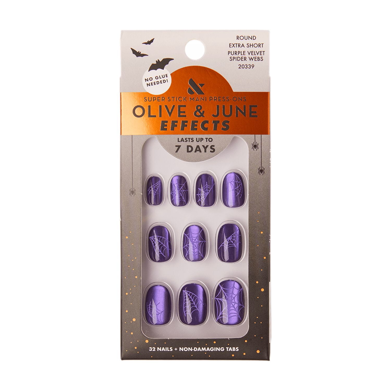 Olive & June Super Stick Effects Extra Short Round Press-on Nails, Purple Velvet Spiderwebs, 32 Pieces