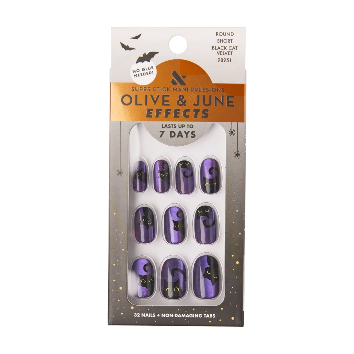 Olive & June Super Stick Effects Short Round Press-on Nails, Black Cat Velvet, 32 Pieces