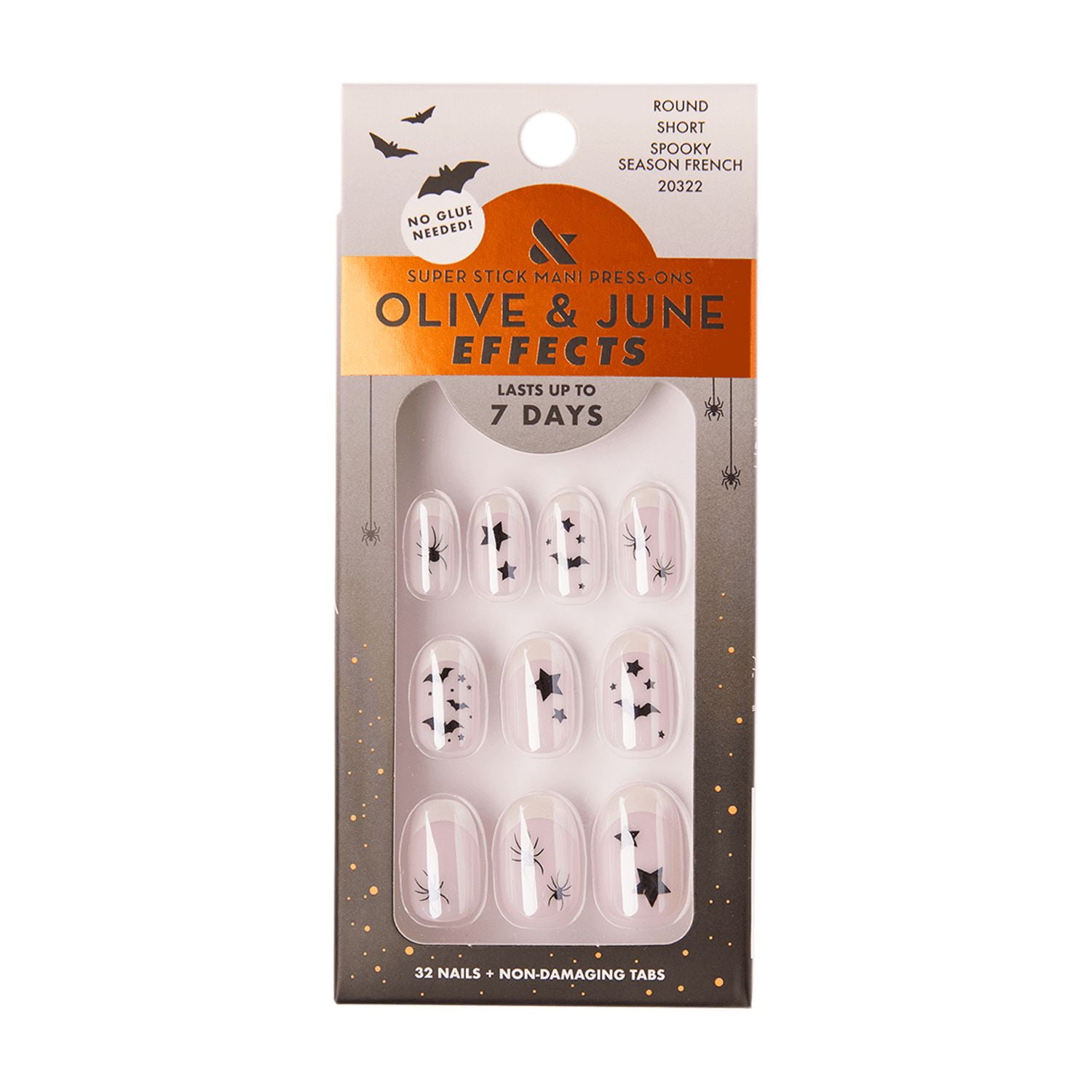 Olive & June Super Stick Effects Short Round Press-on Nails, Spooky Season French, 32 Pieces