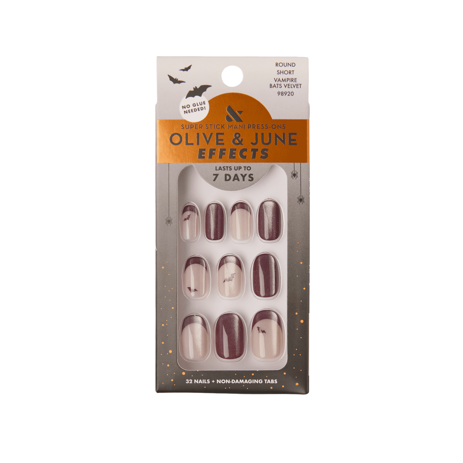 Olive & June Super Stick Effects Short Round Press-on Nails, Vampire Bats Velvet, 32 Pieces