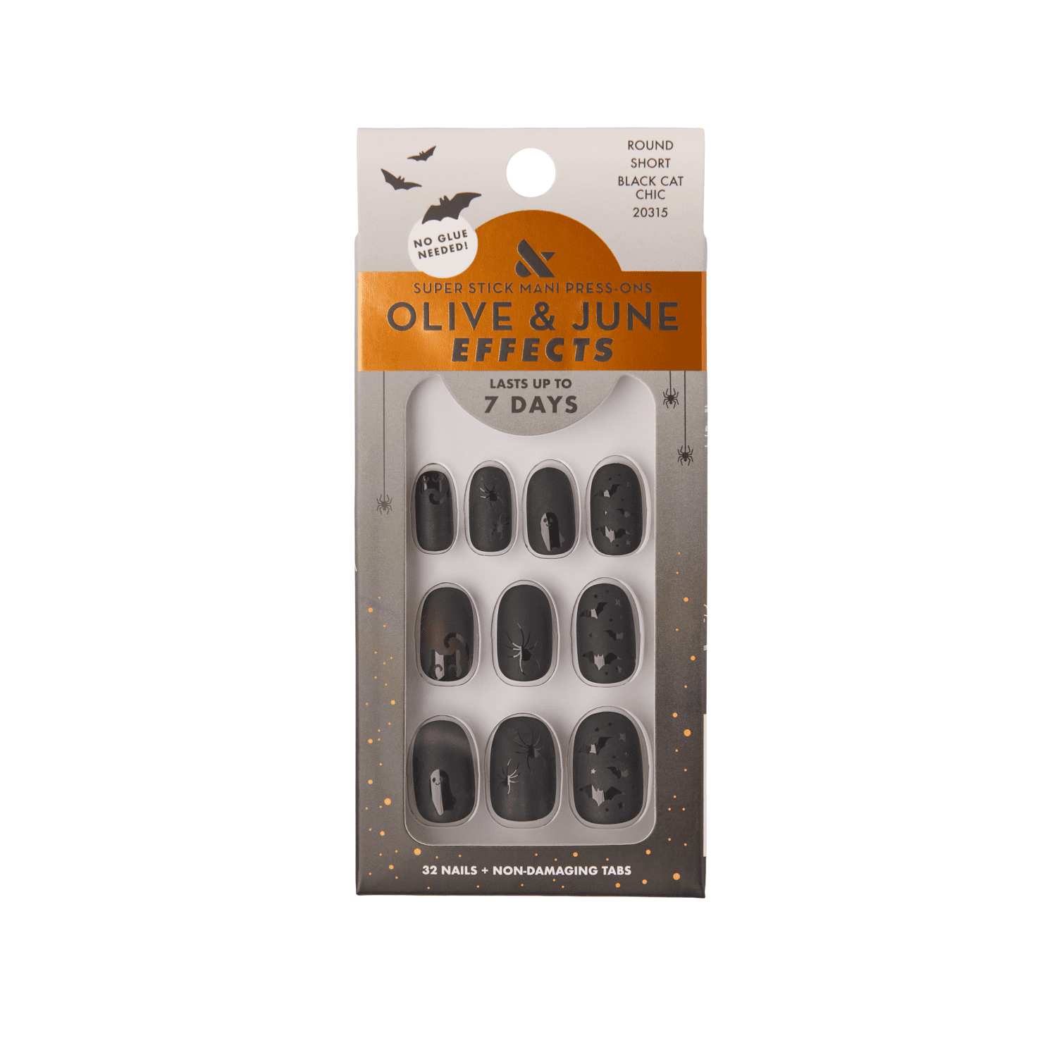 Olive & June Super Stick Effects Short Round Press-on Nails, Black Cat Chic, 32 Pieces