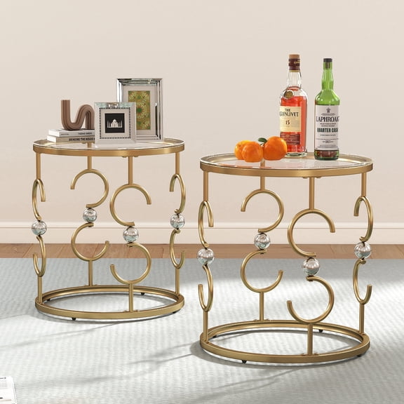 O&K FURNITURE 2-Piece Glass Top End Table Set with Sturdy Metal Frame, Modern Gold Finish Side Tables (Set of 2)
