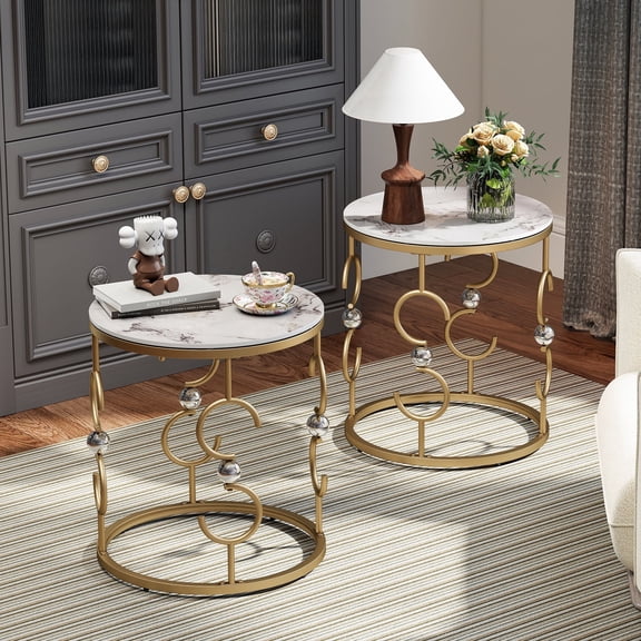 O&K FURNITURE 2-Piece Sintered Stone End Table Set with Metal Frame, Gold Side Tables with Modern Style (Set of 2)