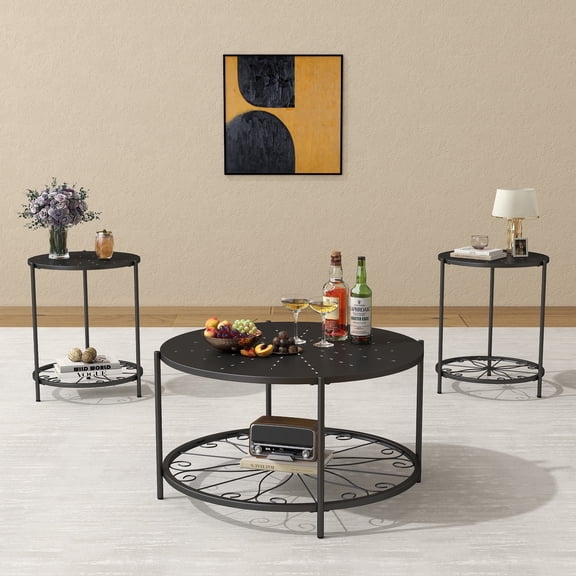 O&K FURNITURE 3-Piece Black Metal Table Set, Waterproof Indoor Outdoor Table Set of 3