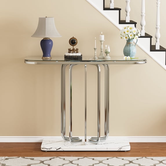 O&K FURNITURE 43" Modern Glass Console Table with Curved Chrome Frame & Faux Marble Base, Silver Narrow Sofa Table for Entryway, Living Room, Hallway, Home Office