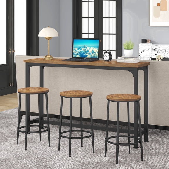 O&K FURNITURE Bar Table Set for 3, 4 Piece Console Table with 3 Stools, Counter Height Sofa Table Set with 3 Chairs for Breakfast Nook, Living Room and Apartment (Brown)