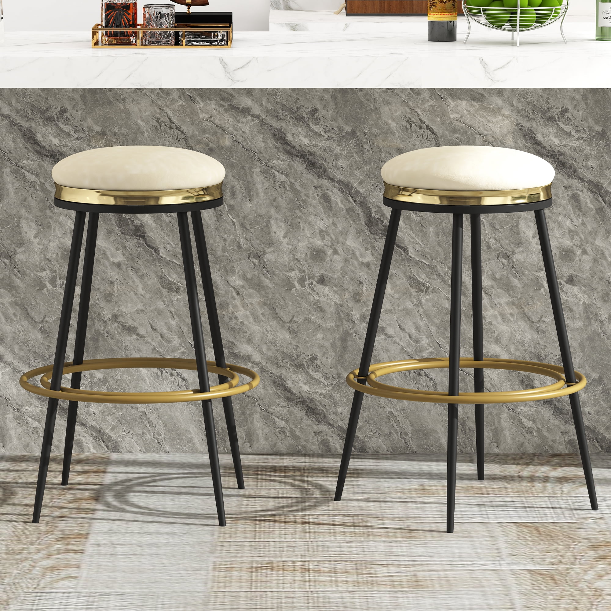 O&K FURNITURE Beige Swivel Bar Stools Set of 2, Backless Round Bar