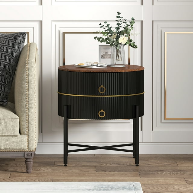 O&K FURNITURE Black End Table with 2Drawer, Sofa Side Table with X