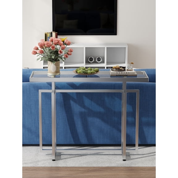 O&K FURNITURE Glass Console Table for Entryway, Modern Entryway Table with Tempered Glass & Chrome Frame, Silver Sofa Table for Living Room Hallway