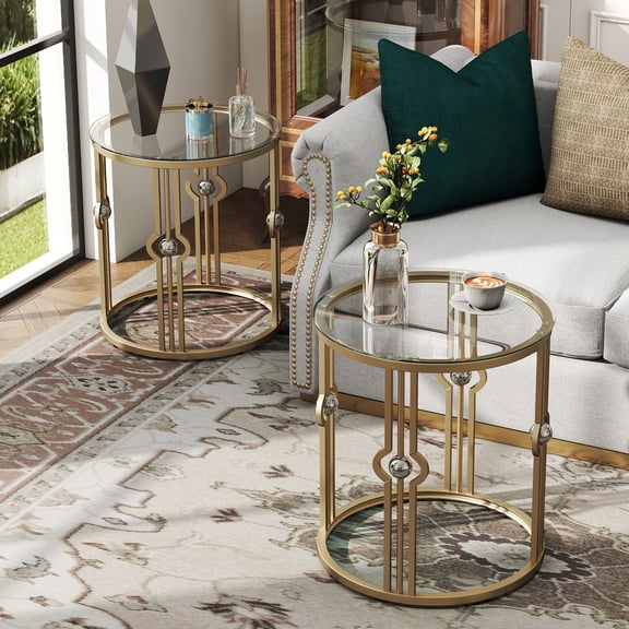 O&K FURNITURE Glass End Table, Living Room Side Table with Tempered Glass & Metal Frame, Gold Side Table for Bedroom Office, Set of 2
