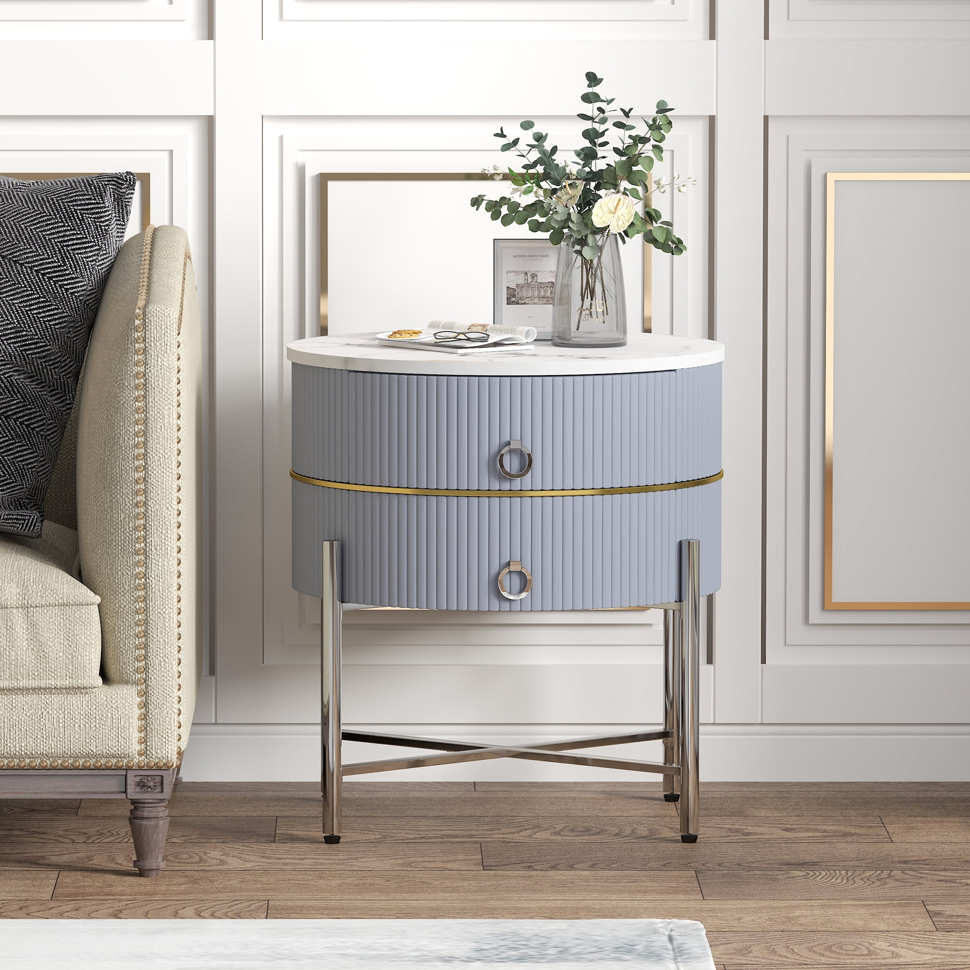 O&K FURNITURE Gray End Table with 2Drawer, Sofa Side Table with X