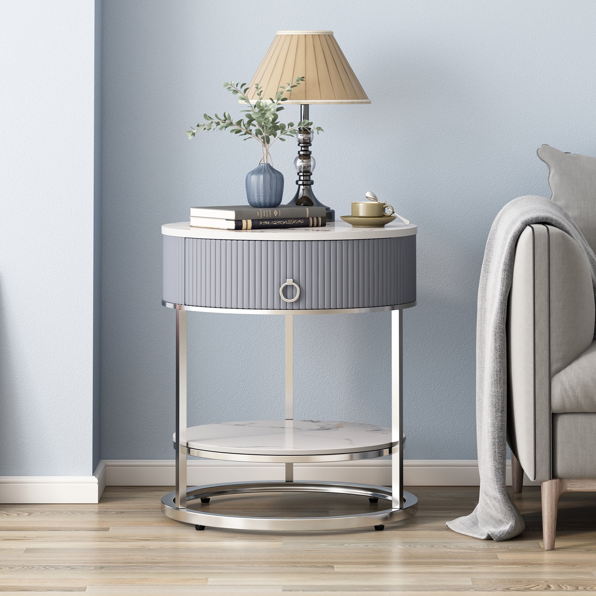 O&K FURNITURE Gray End Table with Drawer, 21.65?????? Sofa Side Table, 2