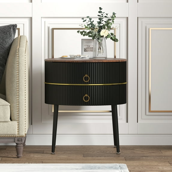 O&K FURNITURE Industrial End Table with 2-Drawer, 21.85''Sofa Side Table, Metal Round Nightstand for Living Room Bedroom, Black