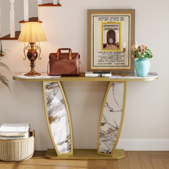 O&K FURNITURE Luxury Faux Marble Console Table, Modern Narrow Metal Frame Sofa Table for Hallway Foyer Living Room