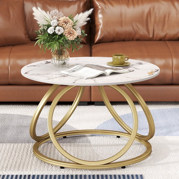 O&K FURNITURE Modern Gold Coffee Table, Faux Marble Pattern Center Table with Sintered Stone Tabletop, Round Coffee Table Living Room & Home Office