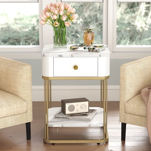 O&K FURNITURE Modern Square Faux Marble Side Table, 2-Tier End Table with Built-in Drawer