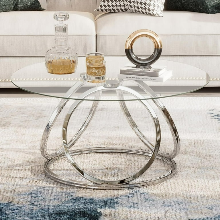 O K FURNITURE Silver Coffee Table Modern Glass Coffee Table Living Room Table with Ring Shaped Frames Glass Coffee Table for Home Office Chrome Finish 1 PC Walmart