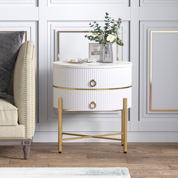 O&K FURNITURE White End Table with 2Drawer, Sofa Side Table with X