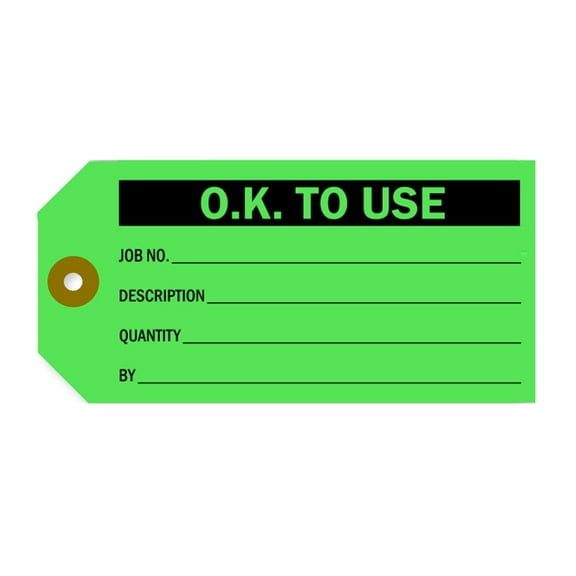 O.K. to USE Info Tag, 2-3/8" x 4-3/4", Fluorescent Green Cardstock, Fiber Reinforced Hole - Pack of 100 Tags