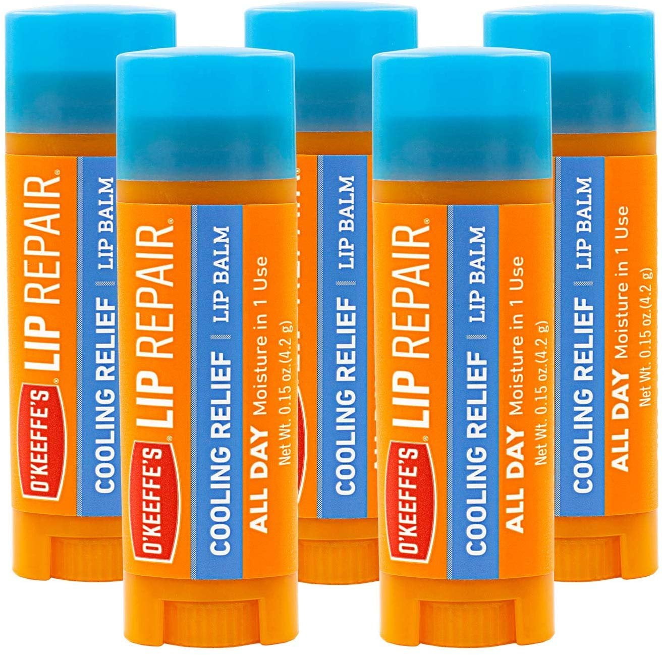 O'Keeffe's Cooling Relief Lip Repair Lip Balm for Dry, Cracked Lips, Stick, Pack of 5
