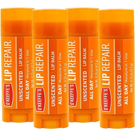 O'Keeffe's Unscented Lip Repair Lip Balm for Dry, Cracked Lips, Stick, Pack of 4