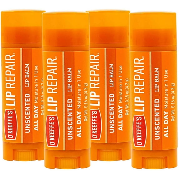 O'Keeffe's Unscented Lip Repair Lip Balm for Dry, Cracked Lips, Stick, Pack of 4