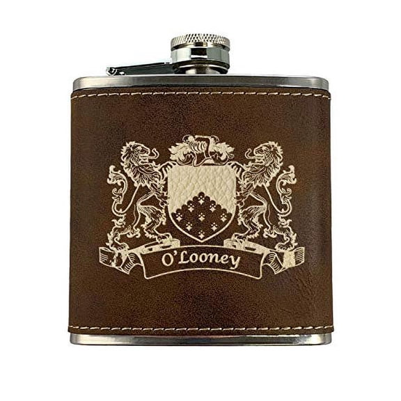 O'Looney Irish Coat of Arms Leather Flask - Rustic Brown