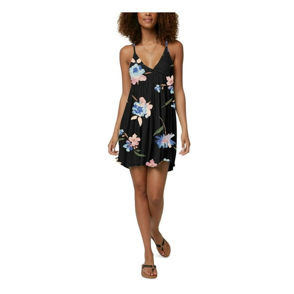 O'NEILL Women's Black Floral Pullover Dress Deep V Neck Adjustable Seabright Swimsuit Cover Up XL