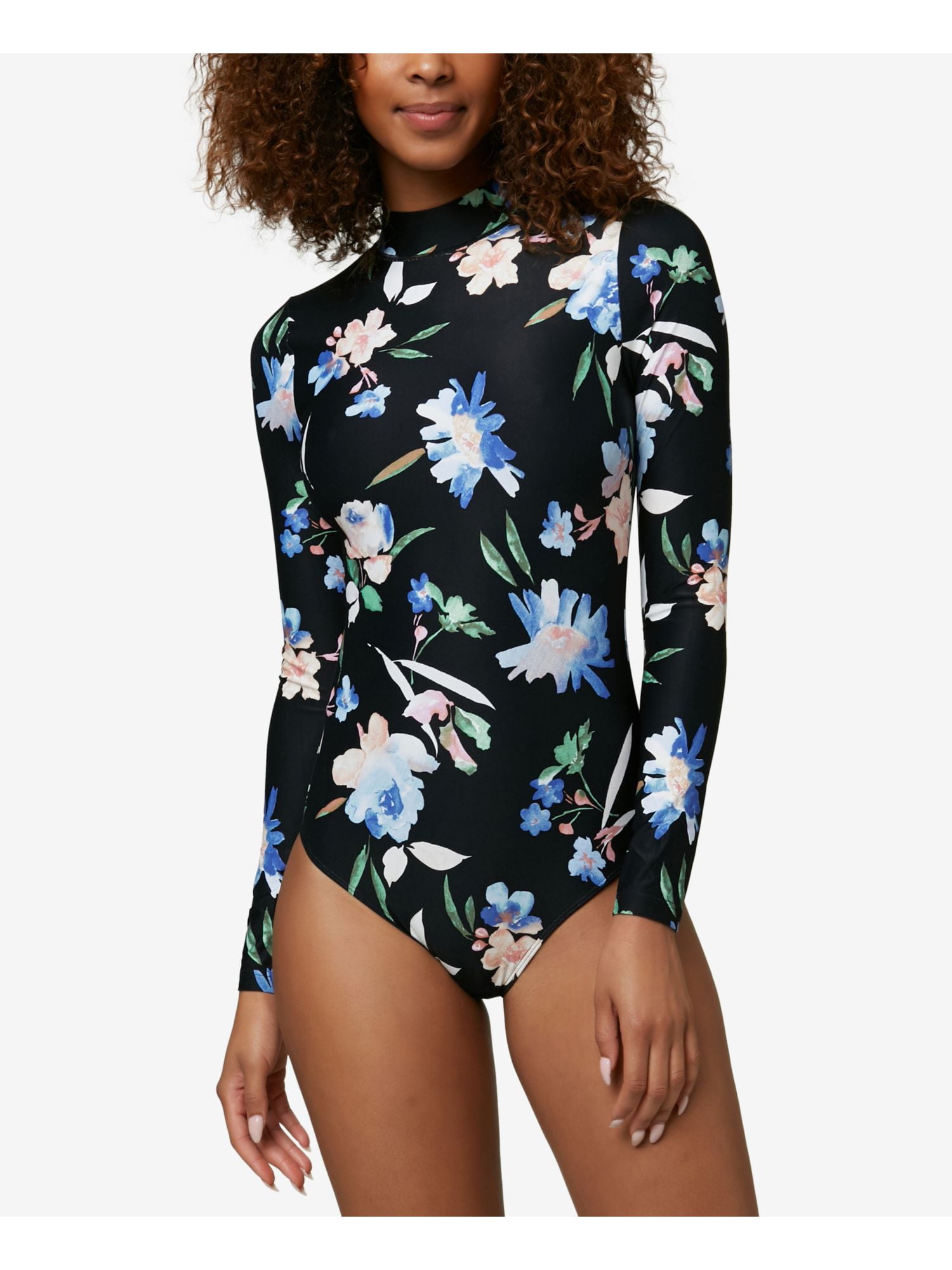 O'NEILL Women's Black Floral Stretch Mock Neck Surf Suit Zippered