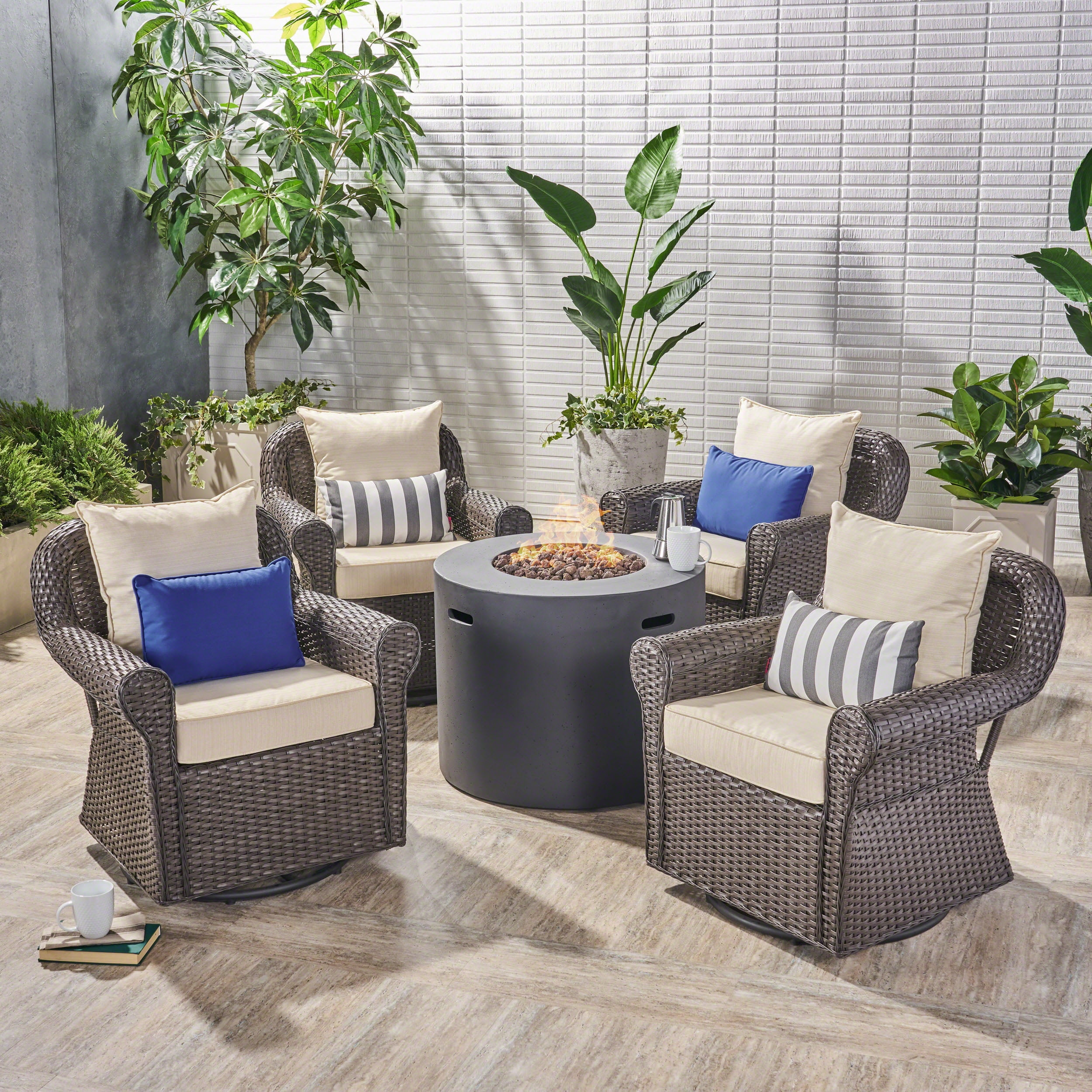 O'Neal Outdoor 5 Piece Swivel Wicker Club Chair Set with cushions and Round Fire Pit, Dark Brown, Beige, Dark Gray