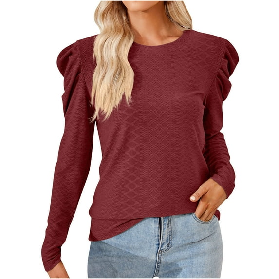 O-Neck Casual Pullover for Women Solid Color Puff Long Sleeve Tops Trendy Classic-Fit Blouse