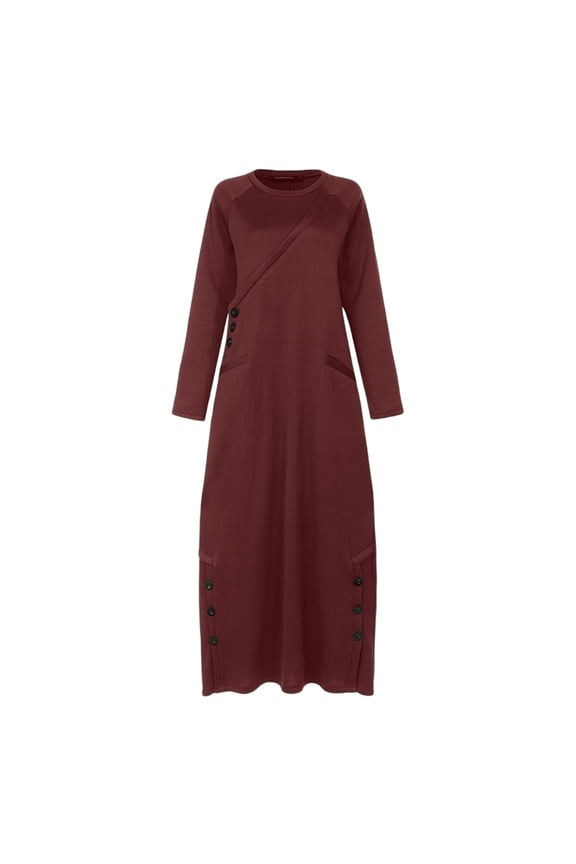 O-Neck Long Sleeve Buttons Decor Pockets Fleece Lining Sweatshirt Dress Autumn Winter Solid Color Oversized Warm Pullover Maxi Dress Daily Clothing