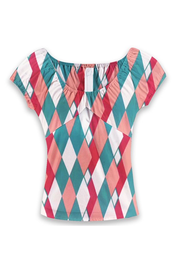 O-Neck Women Blouses Elegant Short Sleeve Printing Zipper Back Vintage Women Tops