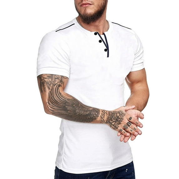 Savings O-Neck Workout Tops for Men Button Sweat Short Sleeve T-Shirts Solid Color Striped Tees