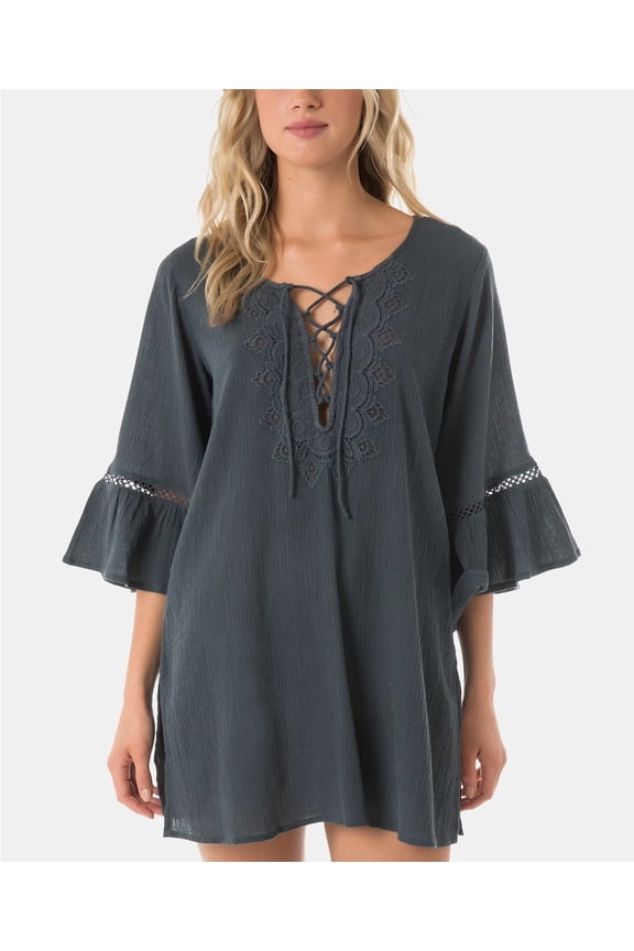 DEEP TEAL Juniors' Salt Water Solids Long-Sleeve Cover-up, US X-Small