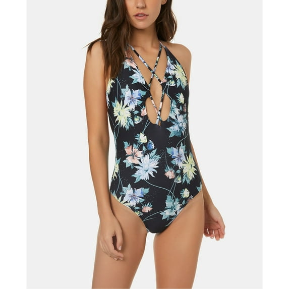 O'Neill Juniors' Dahlia Print Plunging One-Piece Cheeky Swimsuit Black Floral L