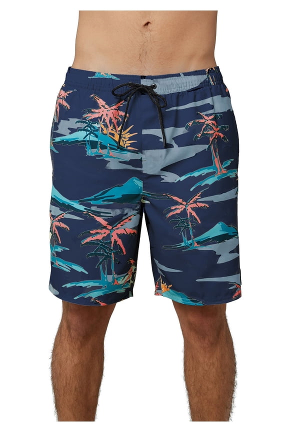 Men's Cabana Volley Board Shorts Navy Blue Multi Palm Trees (M)