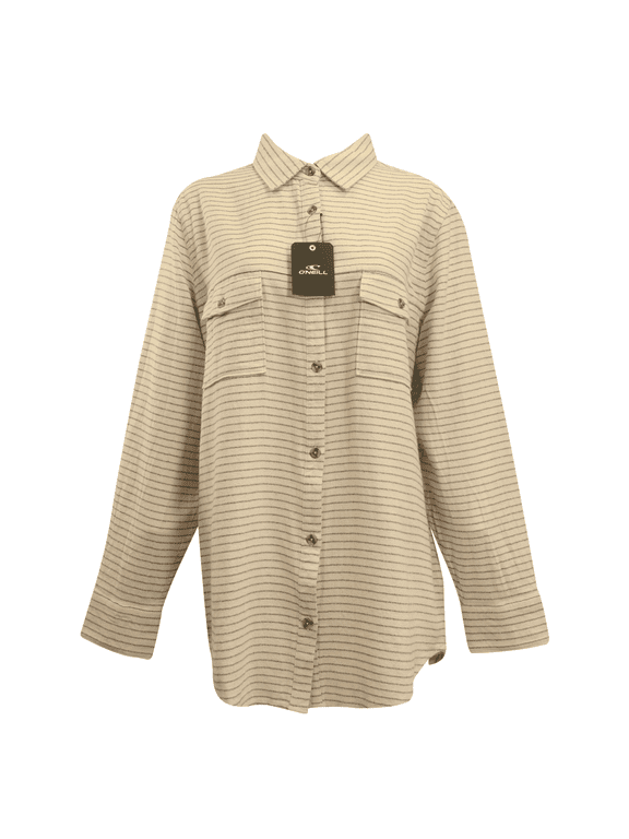 Women's Flannel Shirt Horizontal Striped Beige Grey L/S (S17)
