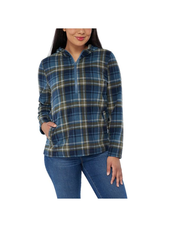 Women's Half Zip Soft Brushed Fleece Front Pockets Polar Hoodie-Blue / M