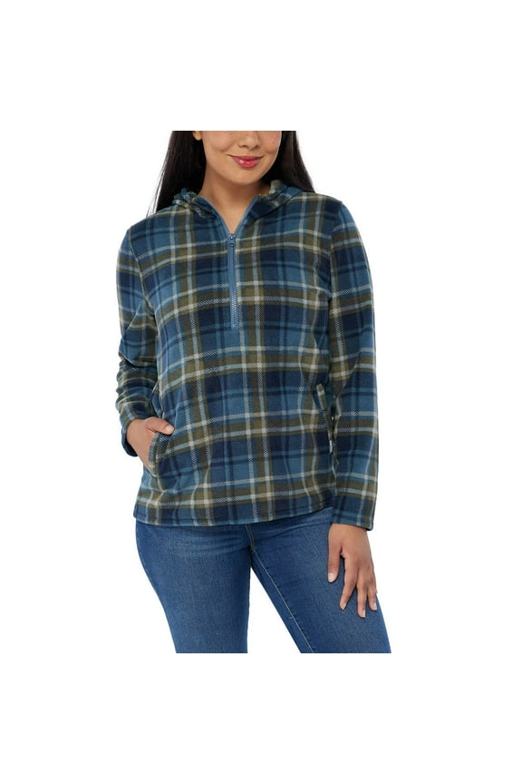 Women's Half Zip Soft Brushed Fleece Front Pockets Polar Hoodie-Blue / M